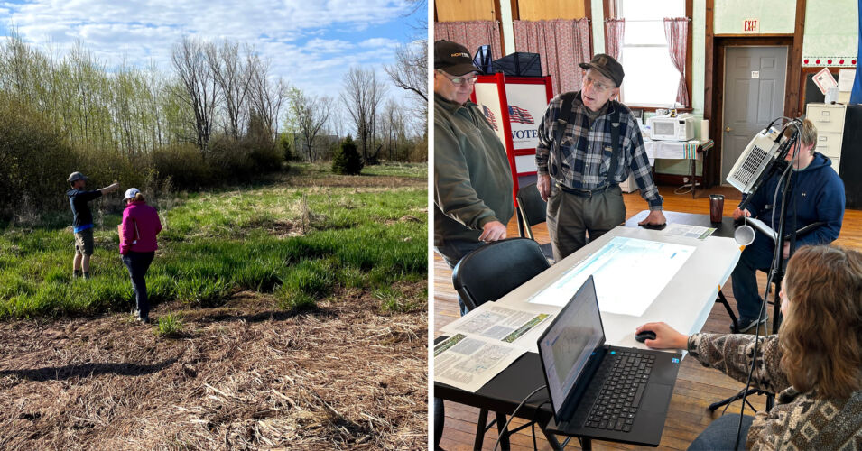 Two photos: the photo on the left shows two people walking a flat meadow with one of them gesturing to something off camera, and the photo on the right shows WWA's GIS Analyst, Stephanie Rockwood, showing community members in the Lake Superior basin maps of restorable wetlands in the area.