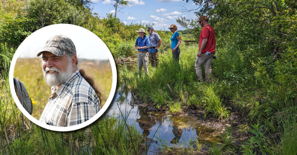 A photo of Executive Director Tracy Hames wearing a camo hat and smiling, and a photo of several WWA staff and board members standing at the edge of a wetland.