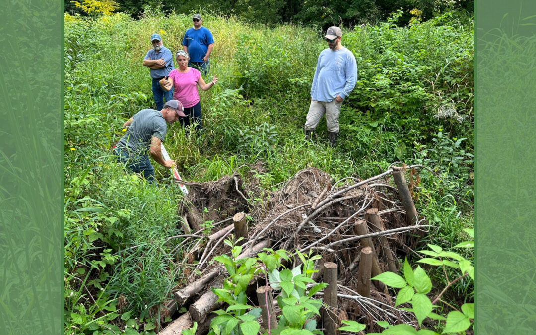 A photo of WWA staff and representatives from the WDNR and DATCP examining a post-assisted log structure working to reduce flood flashiness and sediment loss.