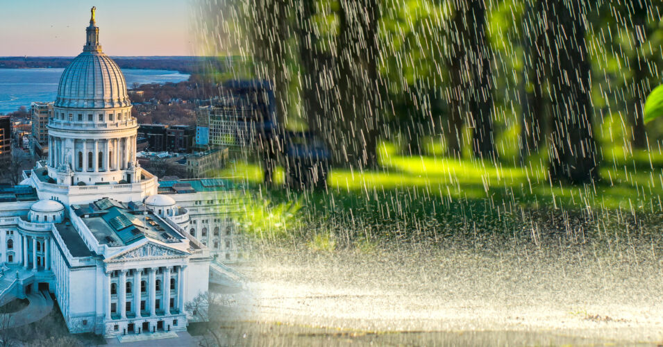 A photo of the Wisconsin State Capitol building and a photo of rain falling down.