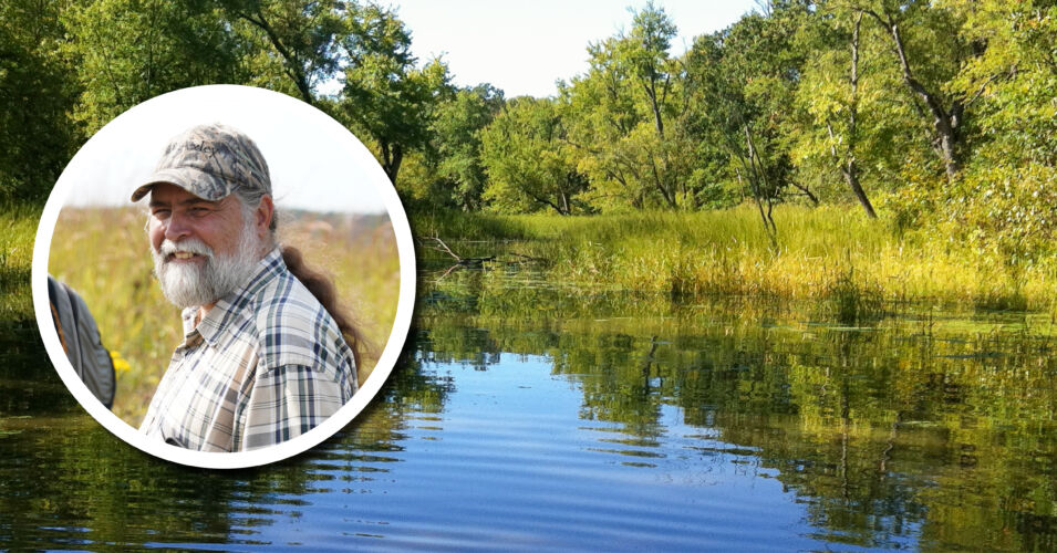 A photo of Executive Director Tracy Hames and a photo of the backwaters of the Lower Wisconsin Riverway.