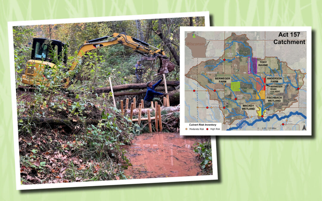 A photo of a wetland restoration practice being installed at a demonstration site, and a map of the catchment area.